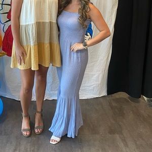 spaghetti strap (adjustable) bell bottom, light blue small white dots